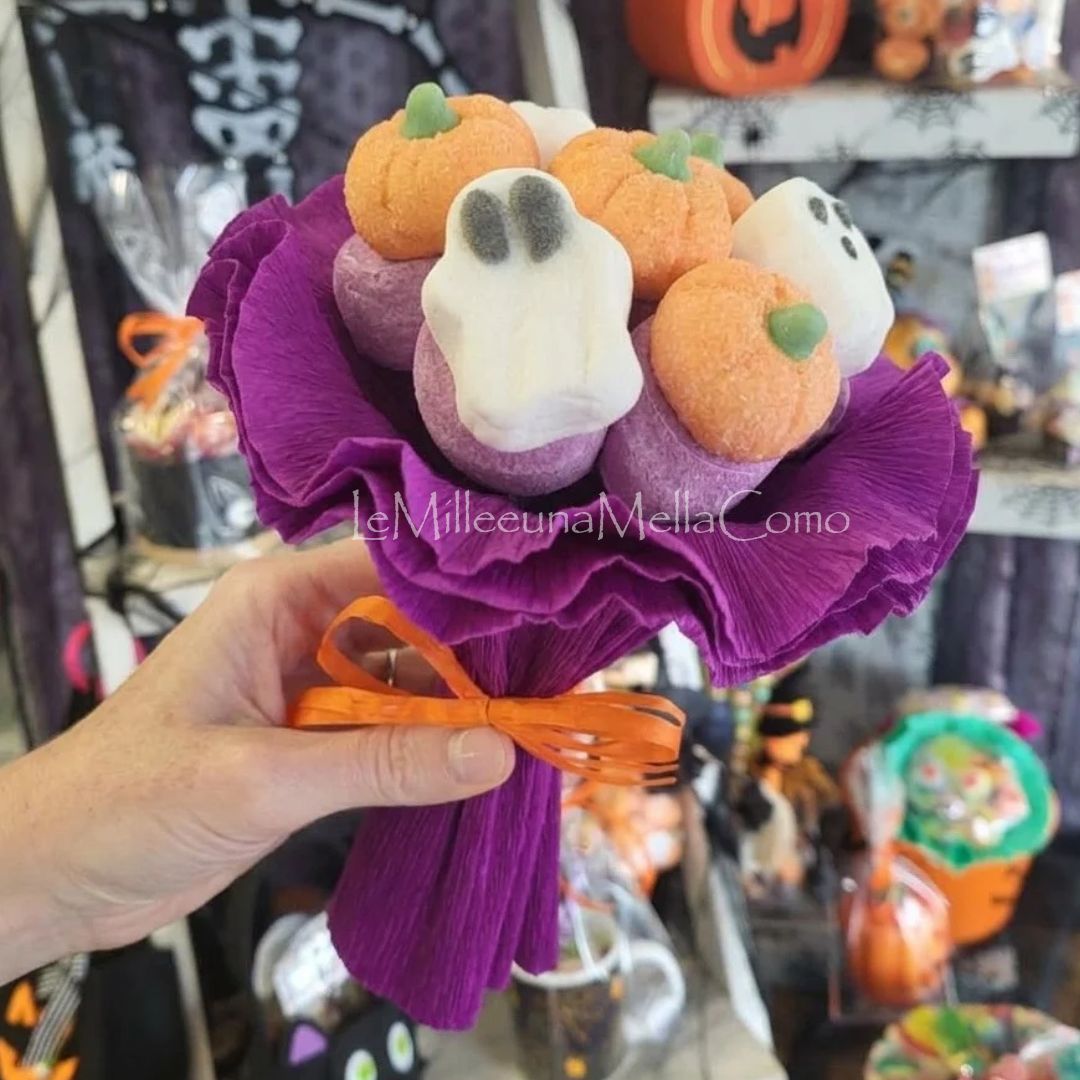 Dettaglio bouquet di marshmallow a forma di zucca e fantasma Halloween Le Mille e Una Mella Como